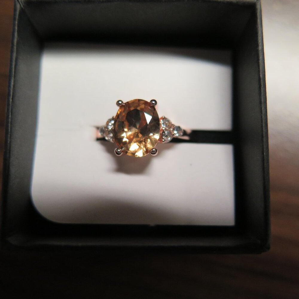 NEW Oval pink brown CZ 6 rhinestones sides ring silver plated bomb